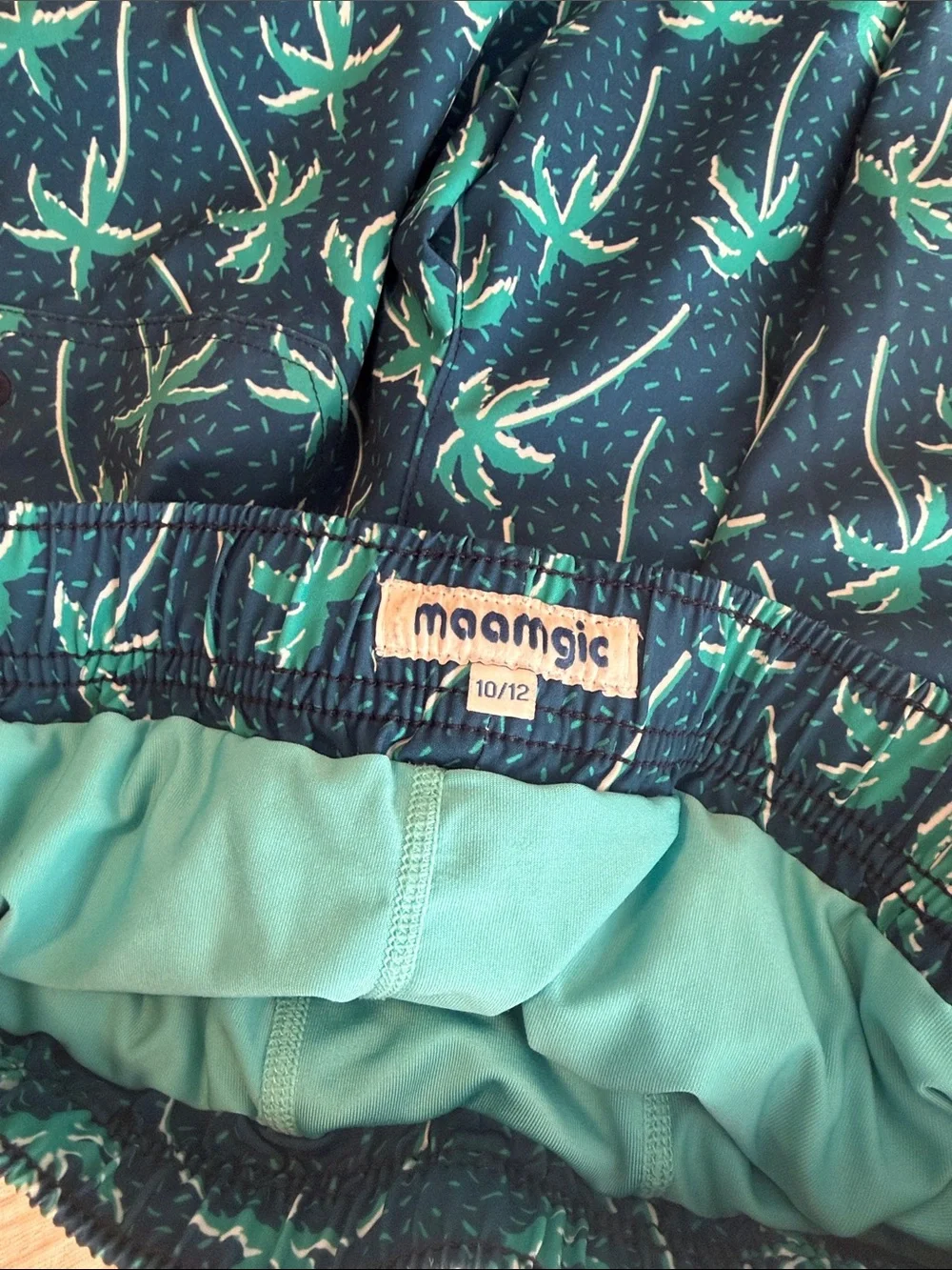 Kids Blue Palm-Print Swim Trunks with Drawstring